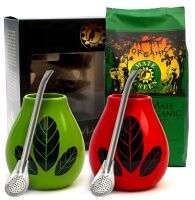 ZESTAW DLA DWOJGA YERBA MATE BIO 400 g, 2 x MATERO (LOSOWY WZÓR), 2 x BOMBILLA - ORGANIC MATE GREEN